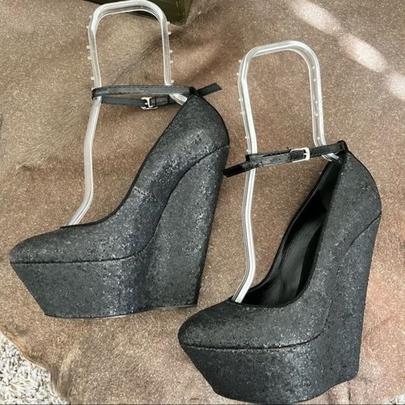 Giuseppe Zanotti Glitter Suede Platform Wedge Ankle Strap High Heels Pumps - Picture 4 of 11
